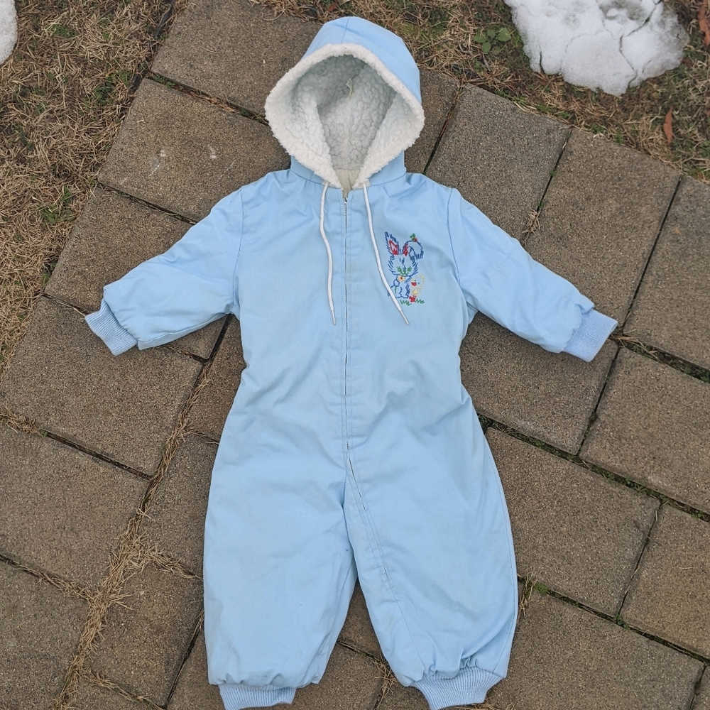 Vintage 60s 70s Young Set Blue Baby Bunny Embroidered Snowsuit